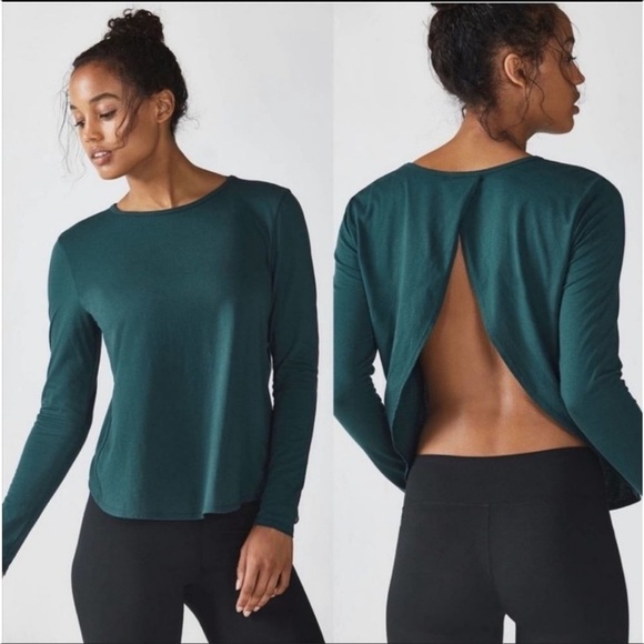 Fabletics Shirt Womens Small Millie Teal Blue open‎ Back Long Sleeve Workout Tee - Picture 1 of 16